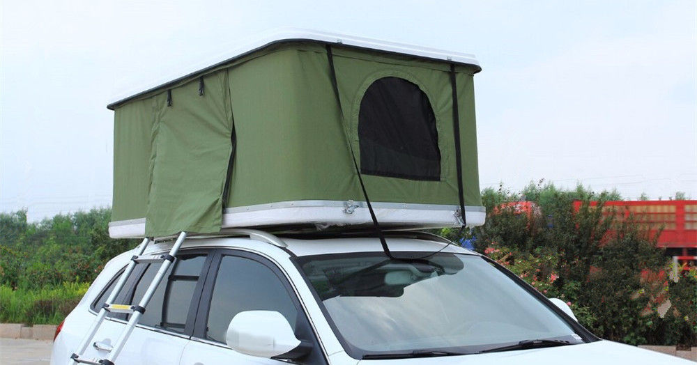 High quality single layer fiberglass shell hard cover canvas roof top tent with side awning